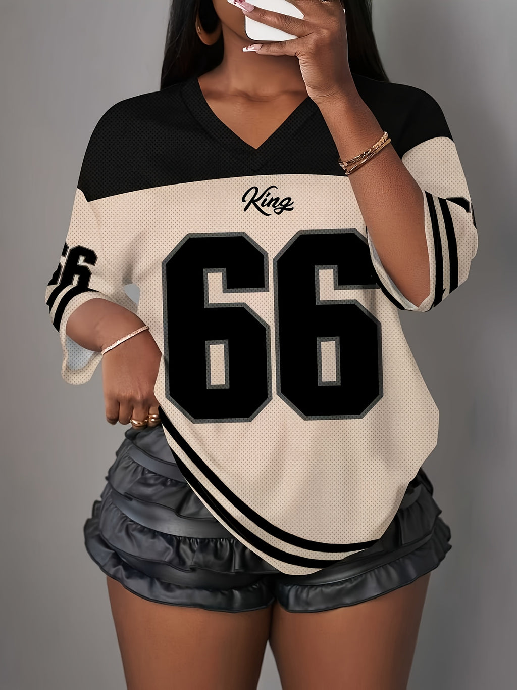 Women'S Casual V-neck Short Sleeve T-shirt | Breathable Mesh Fabric with Color Block and Number 66 Print, Versatile for All Seasons, Ideal for Travel, Parties, and Street Style - Mixed colors