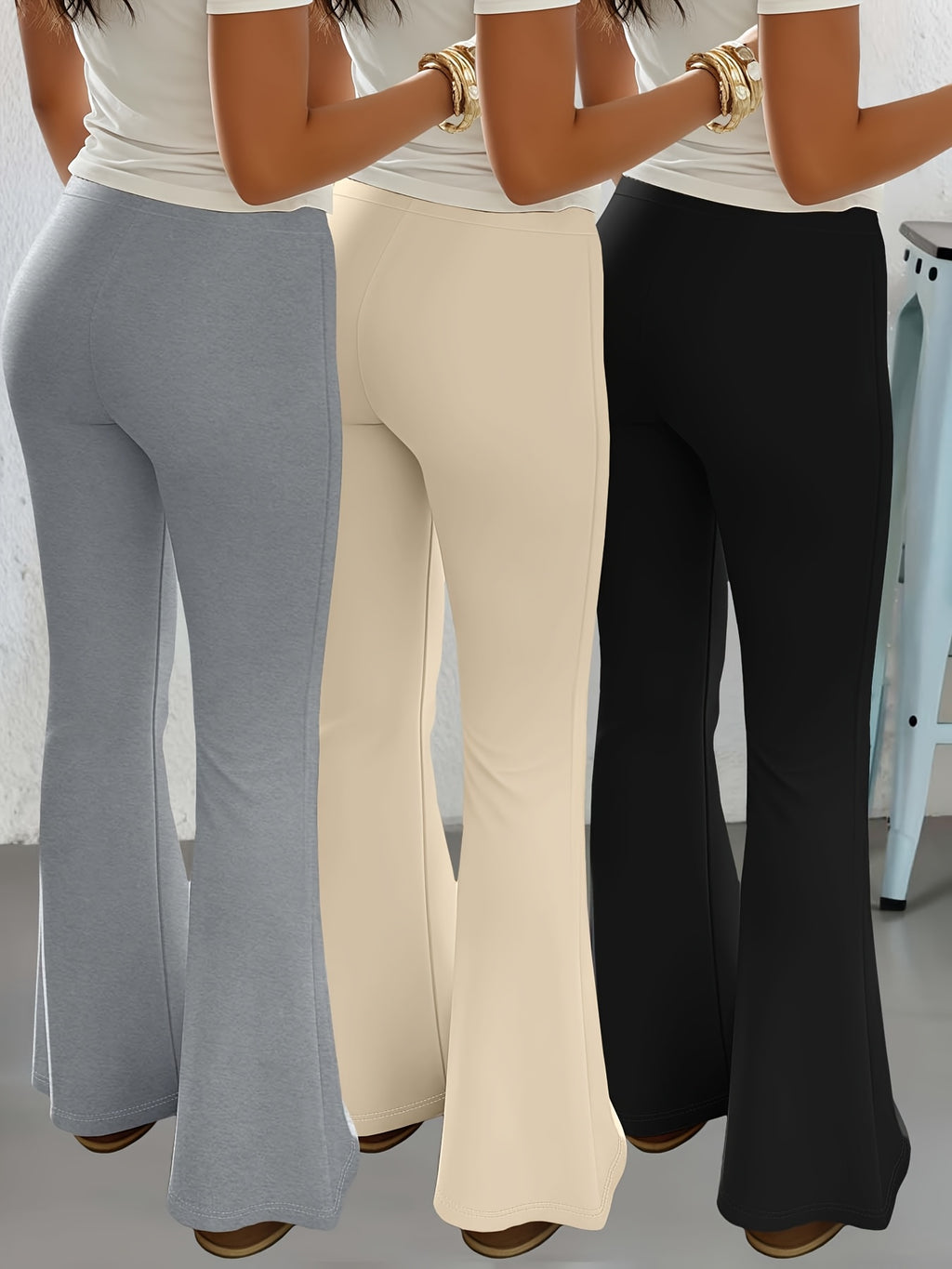 European and American Spring/Summer New Fashion Women's Bottoms: Flared Straight-Leg Pants with Classic English Text Print, Daily Casual Butt-Lifting Peach Butt Long Pants, Three-Piece Set - Gray+Apricot+Black