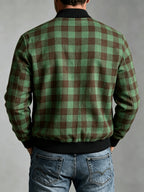 Men's Vintage Waffle Check Baseball Jacket with Zipper Front & Collar - Multi-Color Plaid Cardigan Coat (Black/White/Red/Brown/Green), Machine Washable Suitable for Commuting, Casual Streetwear Outerwear, Spring/Autumn Daily Jacket - Green Brown