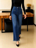 Women's Straight-leg Jeans, Vintage Washed Stretch Denim Fabric, Slim Fit, Figure-flattering, Casual and Versatile Long Pants. - Medium Blue