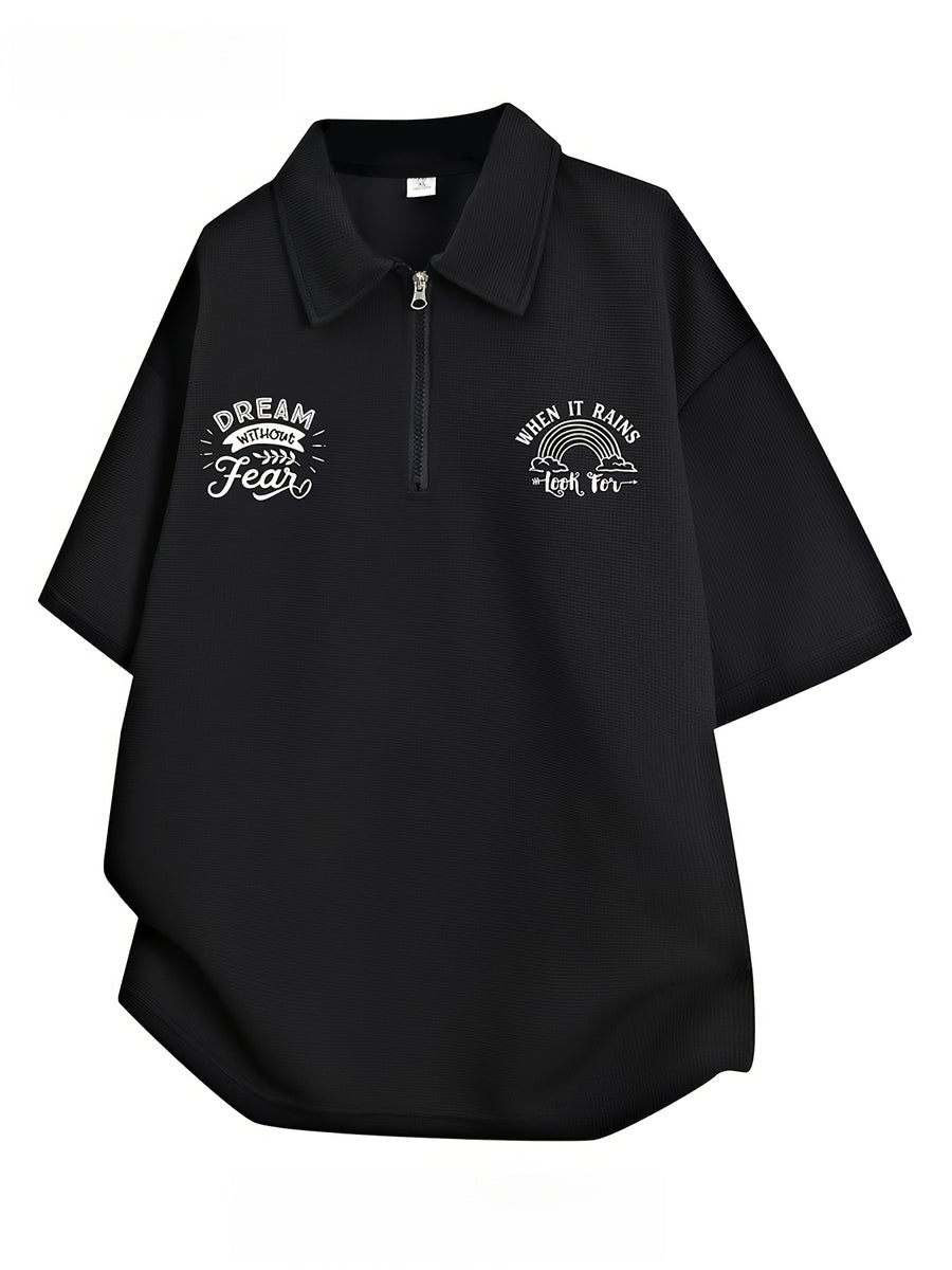 Men'S Waffle Half-Zip Polo Shirt, Casual Oversized Short Sleeve T-Shirt with Inspirational Print, Suitable for Street Style And Daily Wear - Black