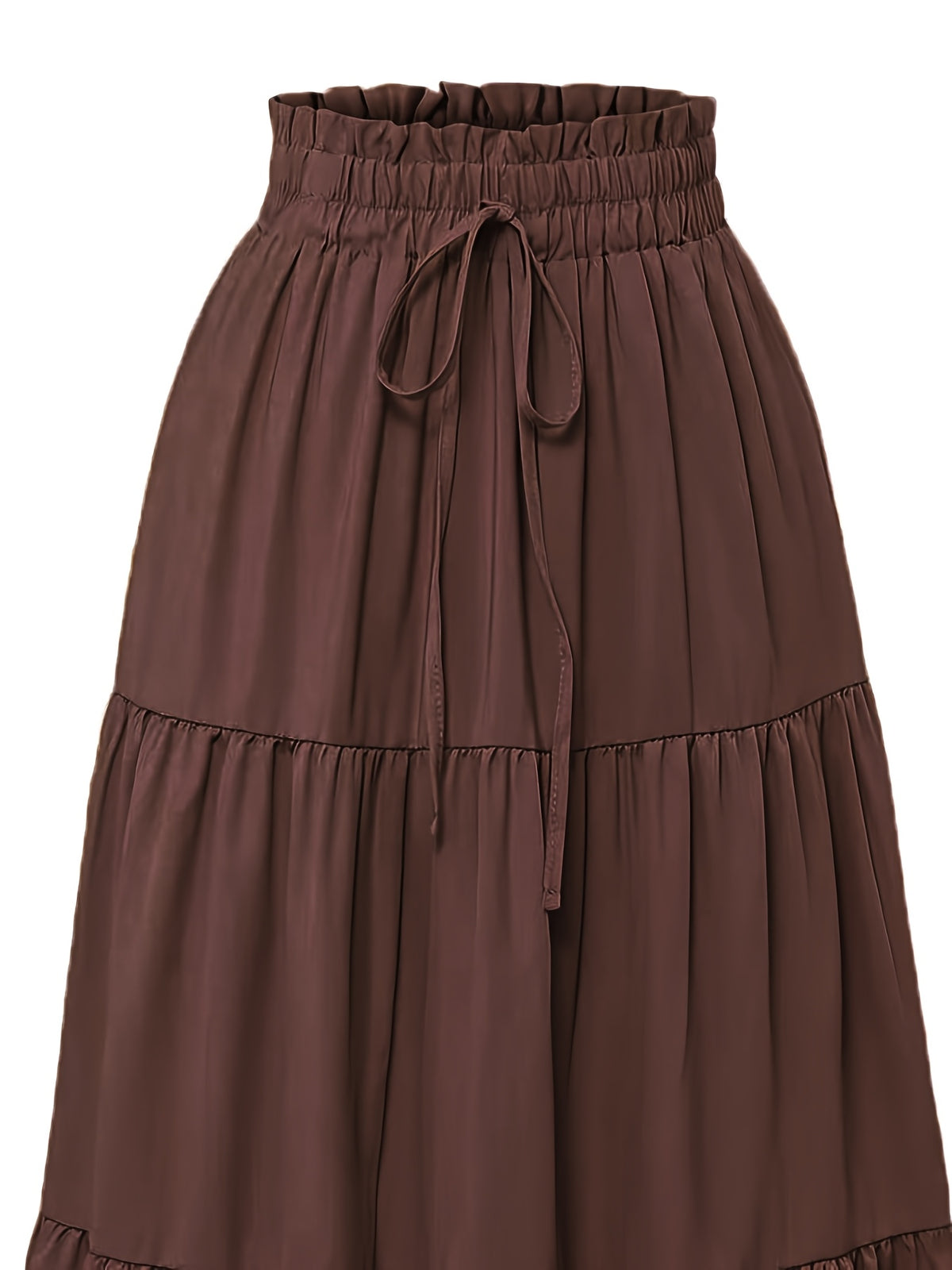 Women's Olive Green Pleated Midi Skirt - Lightweight Adjustable Drawstring Waist, Hand Washable Spring/Summer Elegant Solid Color Skirt for Casual & Formal Outfits, Casual Attire, Nontransparent Fabric, Spring Fashion, Classic Style, Breathable Material - Dark Brown