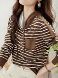 Spring/Autumn Women'S Casual Fashion Hooded Striped Top - Coffee Color