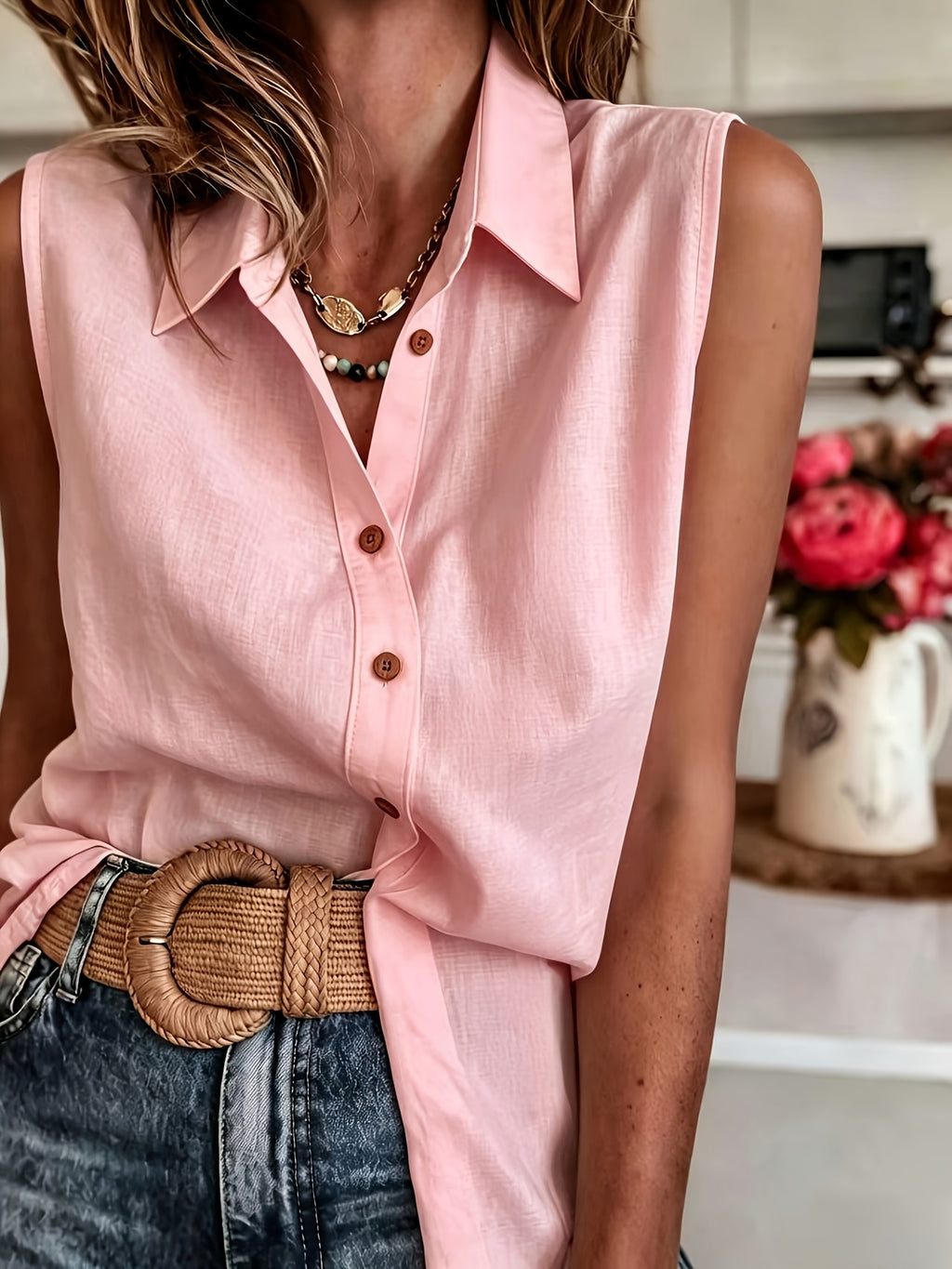 European and American Style Versatile Summer New Arrival Pure Breathable Sleeveless Lapel Single-Breasted Casual Loose Vest Sleeveless Shirt for Women - pink color
