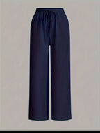 3pcs Elegant Wide-Leg Pants - Solid Color Lightweight Summer Trousers with Wide Leg Opening & Drawstring Waist, Machine Washable Non-Stretch for Casual, Office, Semi-Formal Wear (3pcs) - Black+navy+white