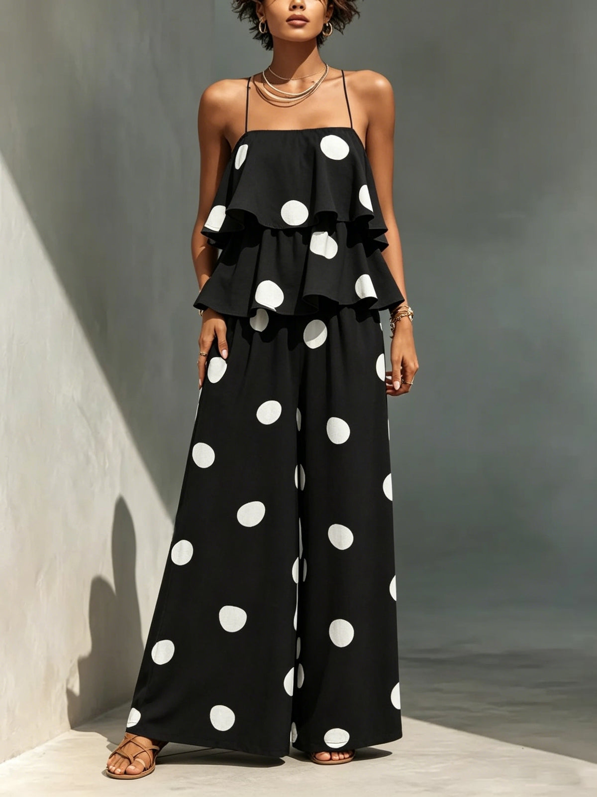 Women'S Elegant Printed Polka Dot Cake Layer Jumpsuit - Black