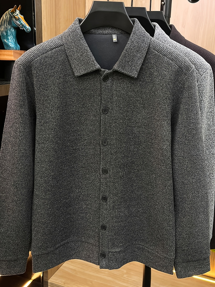 Men'S Lapel Knit Cardigan Jacket, Shirt-Style Knit Outerwear, Relaxed Fit, Business Casual. - SINBOS - Dark Gray