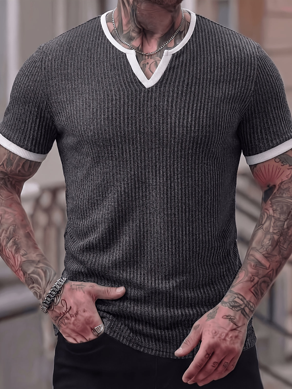 Men's Fashion Top, Spring/Summer Casual Style with Ribbed Textured Fabric, Color-Block Patchwork, Small V-Neck Short Sleeve Henley Shirt - Dark Gray