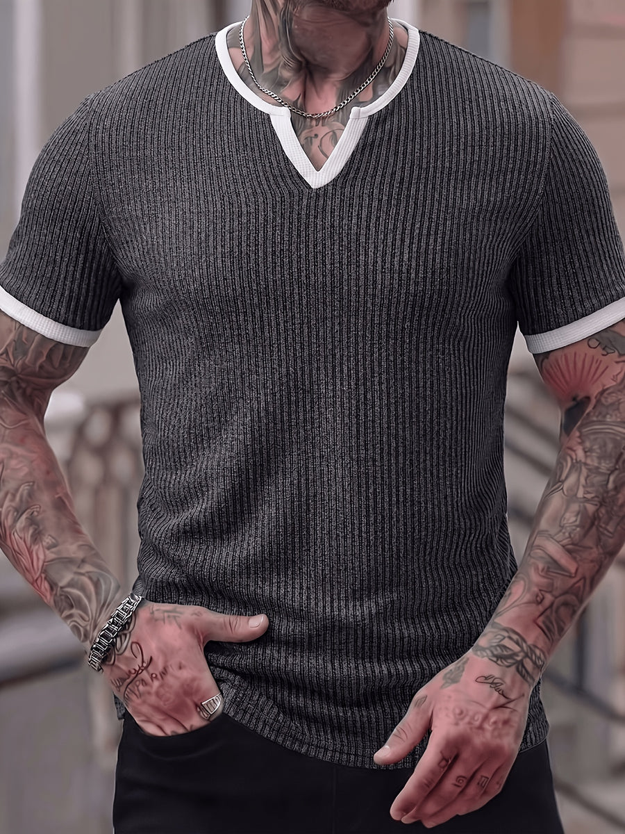 Men's Fashion Top, Spring/Summer Casual Style with Ribbed Textured Fabric, Color-Block Patchwork, Small V-Neck Short Sleeve Henley Shirt - Dark Gray
