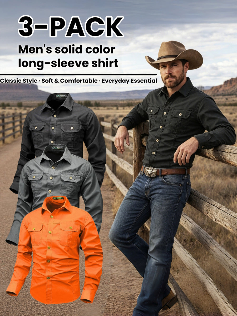 Men'S 3pcs Set of Solid Color Long-Sleeve Work Shirts, Double-Pocket Practical Western Style Shirts, Suitable for Outdoor, Construction Site, Commuting And Various Indoor/Outdoor Scenarios, Autumn Menswear - Black+Gray+Orange