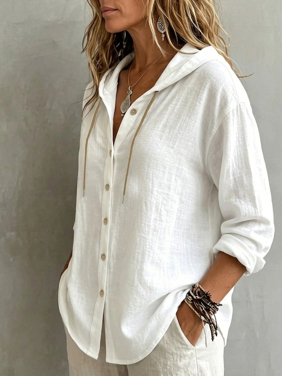Women's Casual Solid Color Pure Single-Breasted Drawstring Hooded Long-Sleeve Shirt, Loose and Comfortable for Daily Wear, Gatherings, and Office - White
