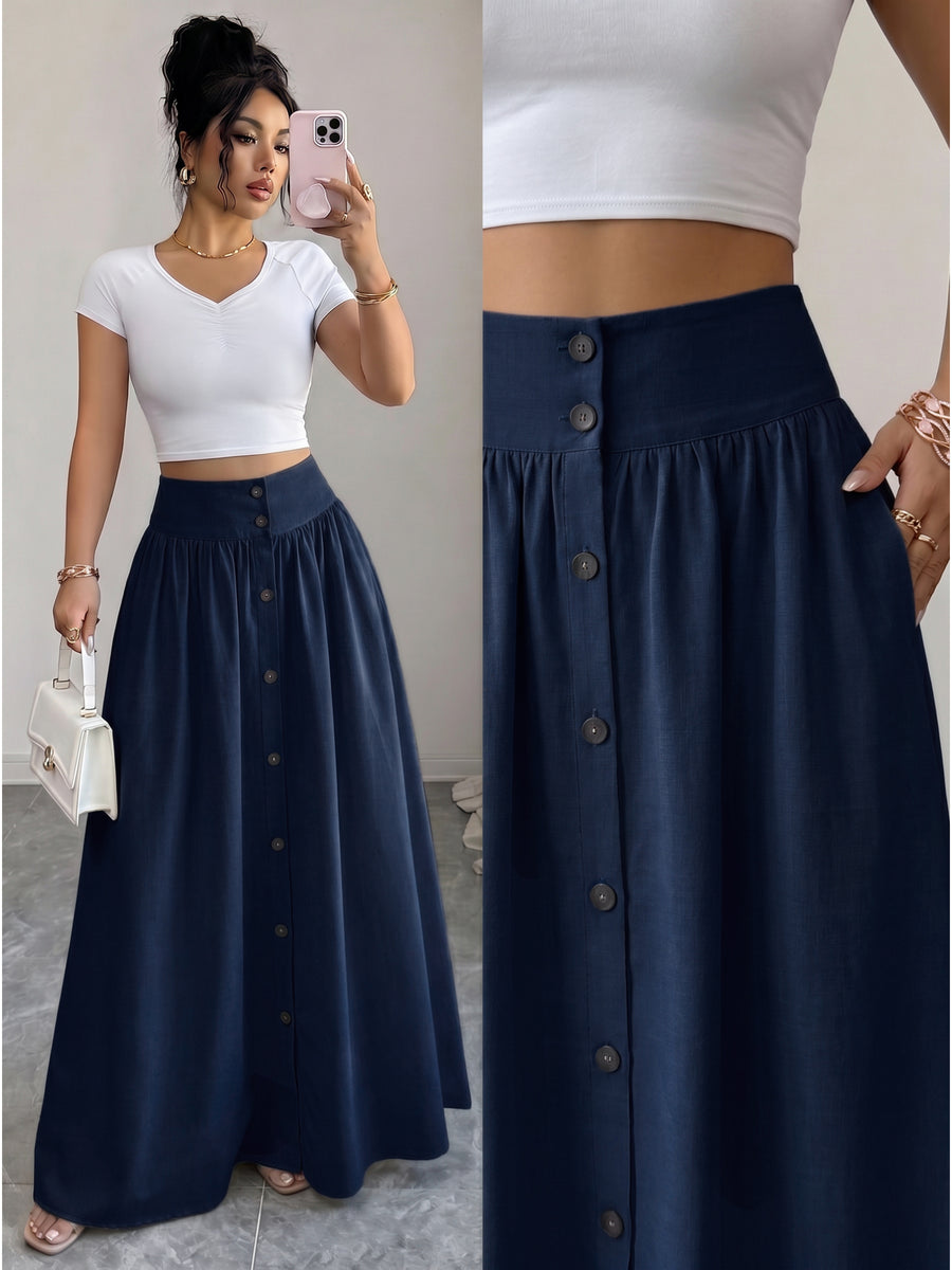 Women'S Button-Long Skirt, Fashionable Versatile Vacation Office Christmas Date Spring Autumn New - Navy Color