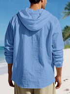 Men'S Casual Linen Hooded Shirt, Lightweight Breathable Fabric, Relaxed Fit Long Sleeve Design, Button Front Closure, Adjustable Drawstring Hood, Comfortable Pullover Style for Beach Vacations, Resort Travel, Yacht Trips, Camping, Outdoor Activities - Light Blue