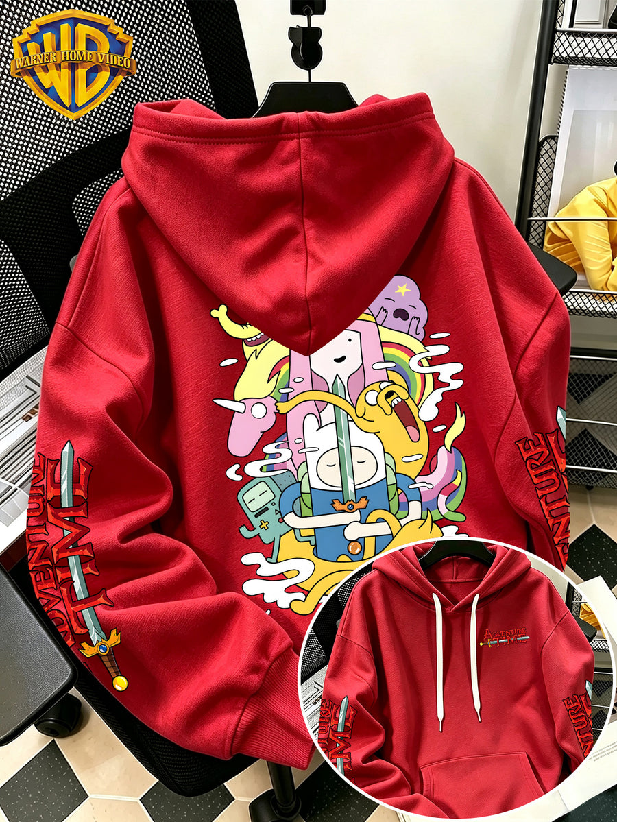 [Warner Bros] Licensed Men'S New Trendy Hoodie, Adventure Cartoon All- Battle Pattern Print, Casual Pullover Sweatshirt, Everyday Drawstring Loose Top, Machine Washable Versatile Sport Casual Men'S Top - Red