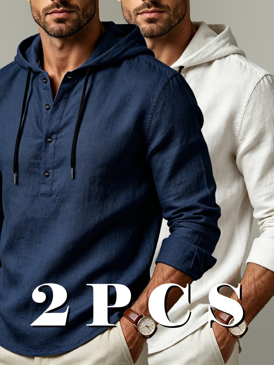 2pcs Men'S Linen-Like Hooded Henley Long Sleeve Sweatshirt Set, Breathable Thin Solid Color Half-Open Placket Casual Pullover Henley Shirt, Soft Comfortable Textured Fabric Fresh And Non-Stuffy, Loose Slimming Versatile Fit - 2pcs【Navy Blue+White】