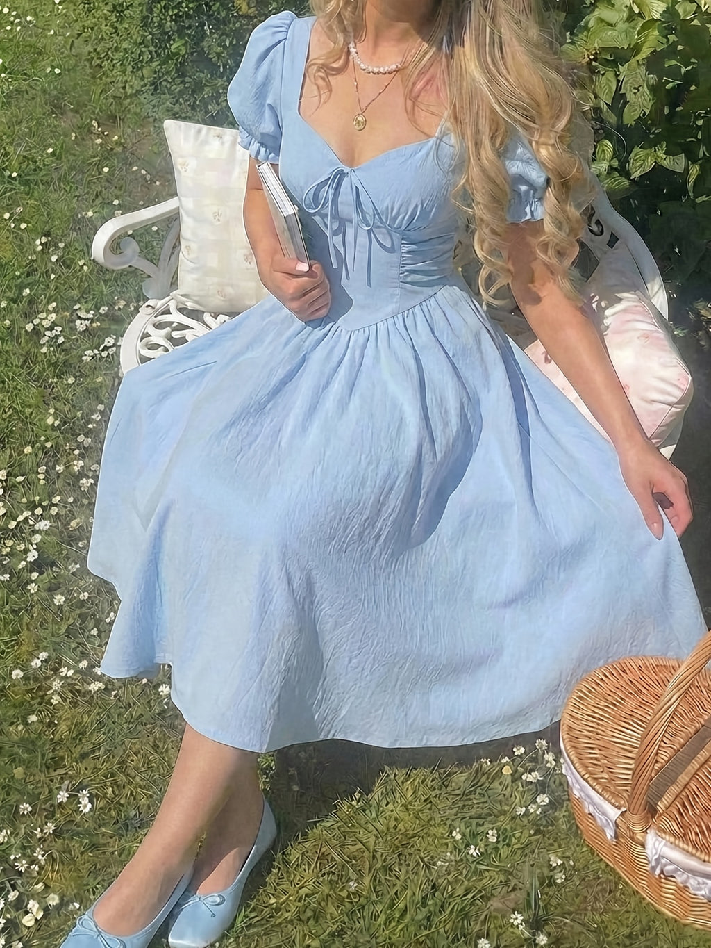 Directional French Country Style Sweet Elegant Women'S Dress Solid Color Cutout Neckline Dress - Blue