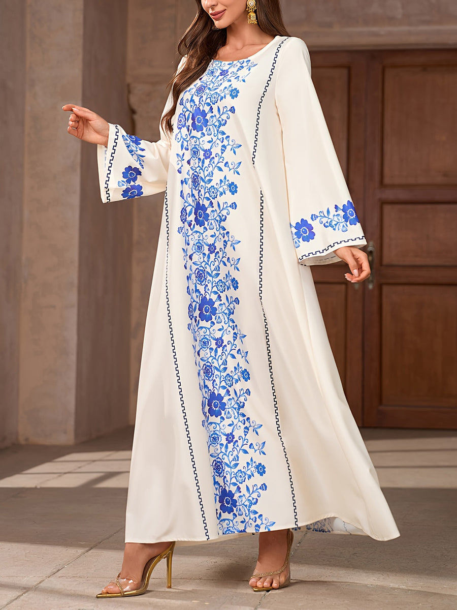 New Women'S A-Line Long-Sleeve Dress with a Round Neck Featuring Floral Prints Inspired by Middle Eastern And Western Spring And Summer Styles, Perfect for a Relaxed And Elegant Bohemian Look During Holidays And Everyday Wear - White