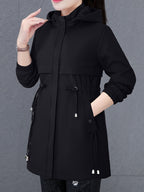 Women'S Fall Winter Fleece-Lined Thick Trench Coat, Warm Top Outerwear for Autumn Winter Season, Drawstring Waist Design, Elastic Windproof Cuffs, Easy Comfortable Lightweight Coat - Black