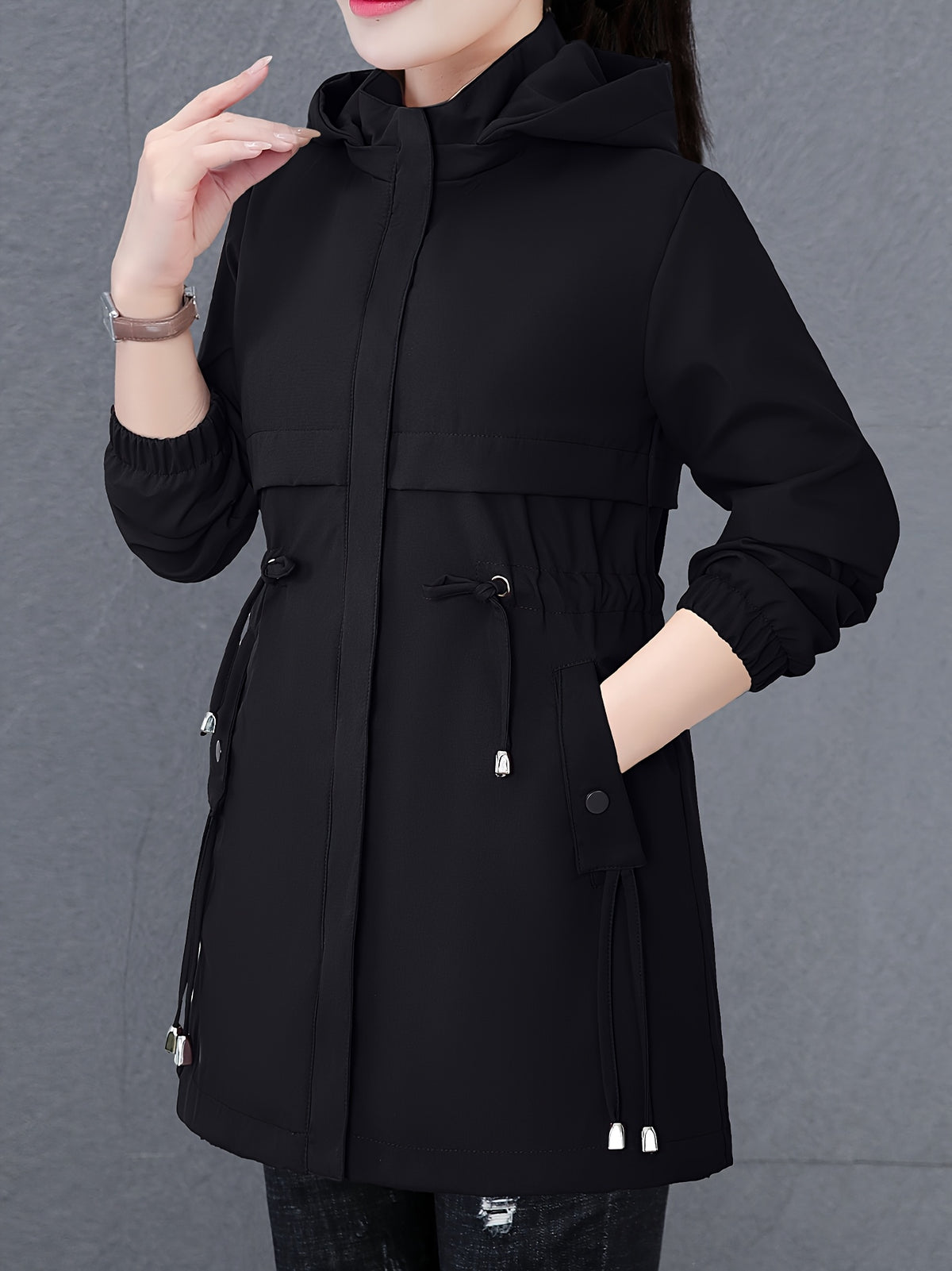 Women'S Fall Winter Fleece-Lined Thick Trench Coat, Warm Top Outerwear for Autumn Winter Season, Drawstring Waist Design, Elastic Windproof Cuffs, Easy Comfortable Lightweight Coat - Black