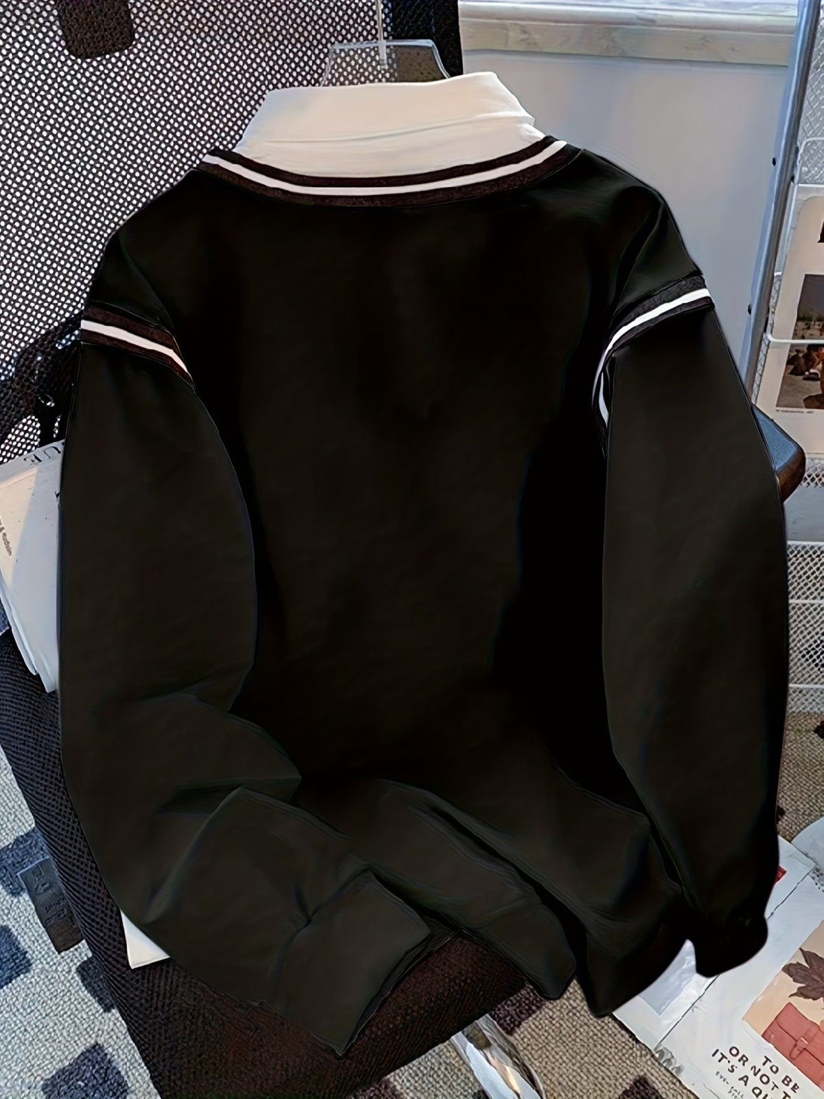 Ladies' Elegant Fashion Bow Print Striped Splicing Sweatshirt - Black