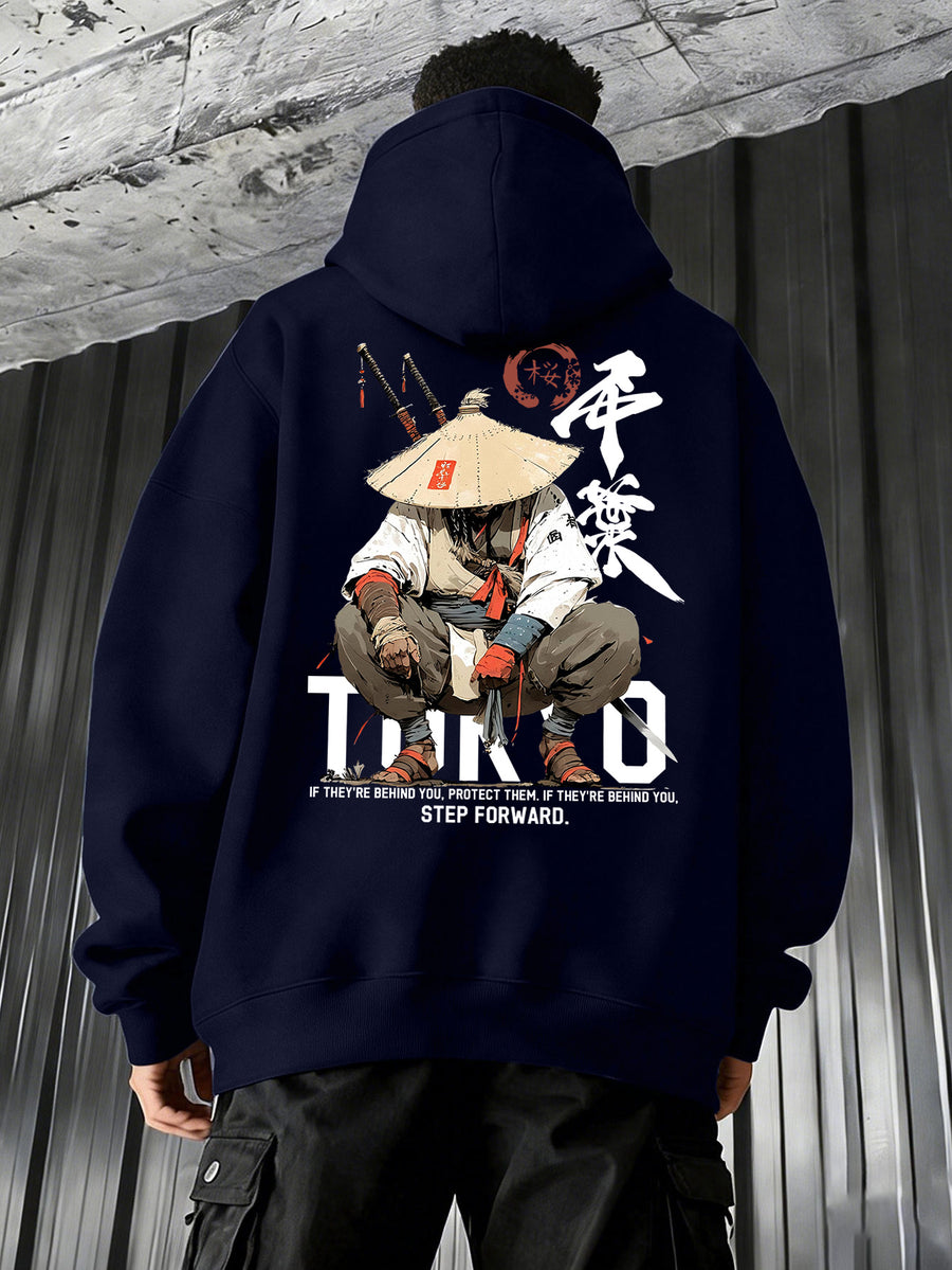 Men'S Japanese Samurai Kendo Warrior Hooded Sweatshirt | Casual Hooded, Heavy-weight, Slight Stretch Fabric, Geometric-pattern, Perfect for Spring/Fall - Navy Color