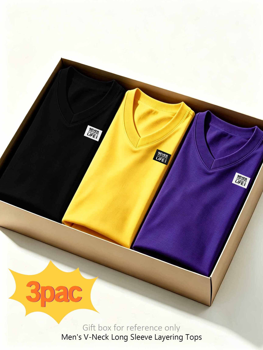 100%, 3pcs Men'S V-Neck Long Sleeve Chokers T-Shirts, Men'S Knit Sweatshirt, New Casual Athletic Ribbed Collar Top - Black+yellow+purple