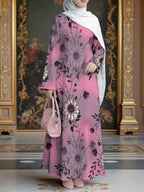 Women'S Hot Middle Eastern Style Muslim Elegant Robe, Pink-Purple Gradient Sunflower Full Print Long Robe, Loose Straight Long Sleeve, Holiday Prayer Shopping Wear, Flowing Comfortable Non- Craft - Mixed colors