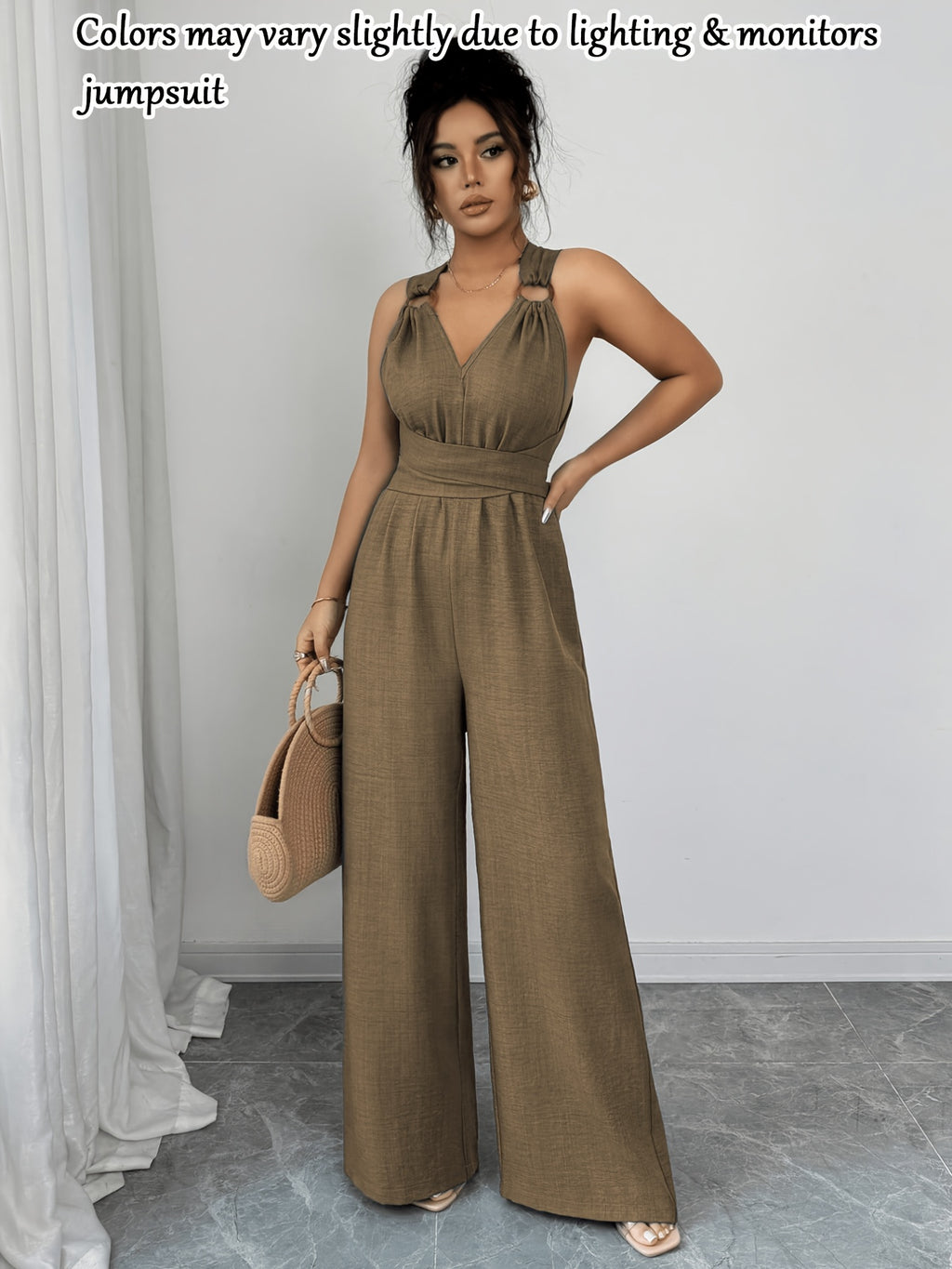 Women'S V-Neck Tie-Waist Wide-Leg Jumpsuit Women'S Jumpsuit Women'S Casual Summer Vacation Dress - Dark Brown