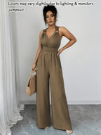 Women'S V-Neck Tie-Waist Wide-Leg Jumpsuit Women'S Jumpsuit Women'S Casual Summer Vacation Dress - Dark Brown