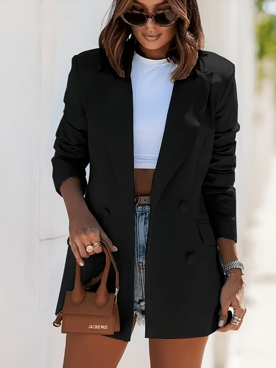 Fashion Women'S Elegant Suit Jacket Trendy Solid Color Lapel Double-Breasted Blazer - Black