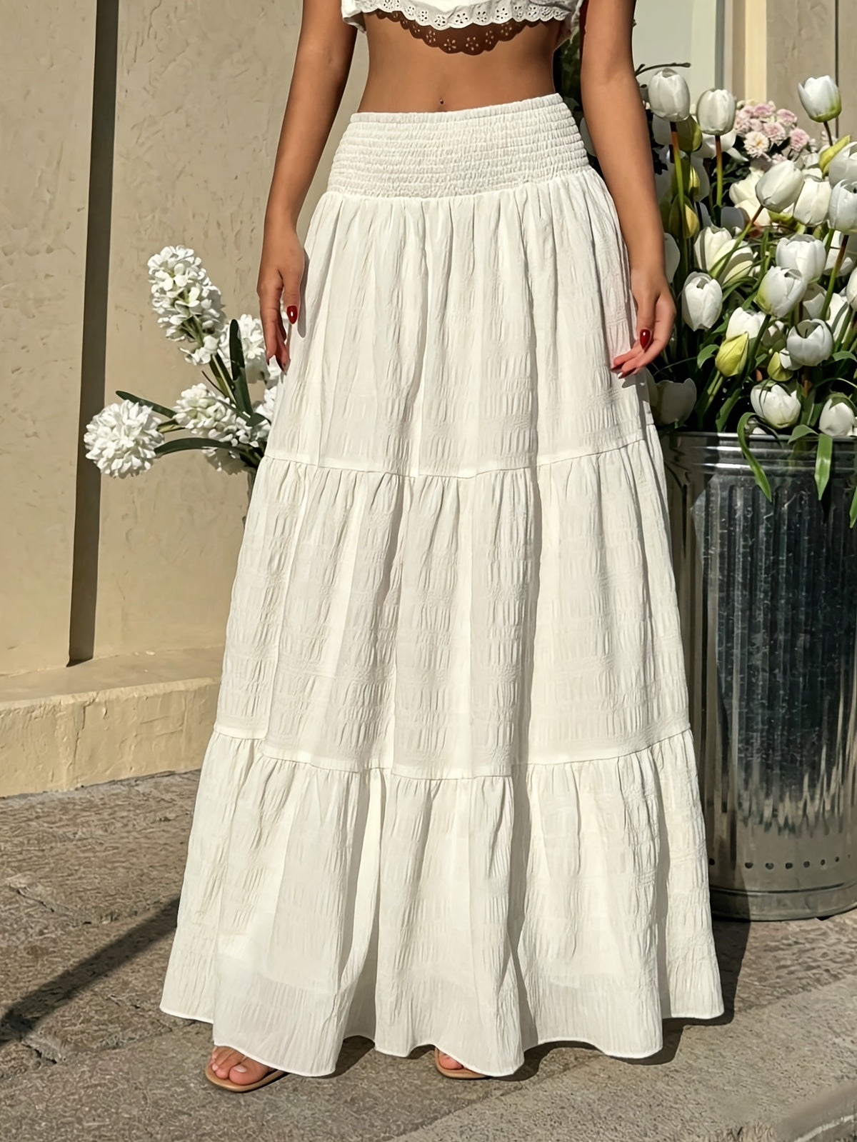 Women'S Spring Autumn Pleated Texture Half Skirt, Elastic Shirring Layered Solid Color Skirt - White