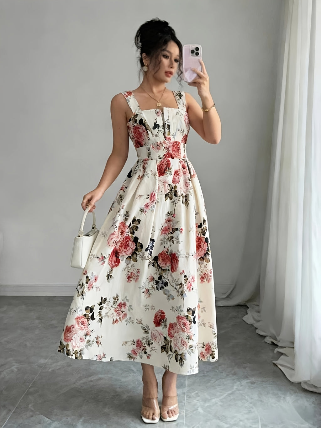 Women's Vintage Square Neck White Floral Print Camisole Dress, Featuring a Effect, Vintage Elegant Vacation Style, Suitable for Summer Dates and Casual Wear in Spring and Summer. Machine Washable - Off-white
