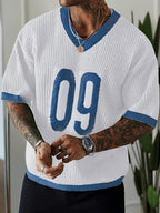 Men's Trendy Spring/summer Sporty Casual Knit Top, V-neck Color-blocked Number Design Loose Knit Pullover, Suitable for Sports and Fitness, Casual and Versatile. - White