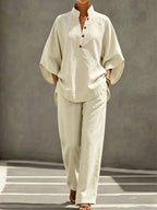 [PLMM] Spring Autumn Winter Women'S Fabric Button Short Collar Fashion Casual Two-Piece Long Pants Set - Apricot
