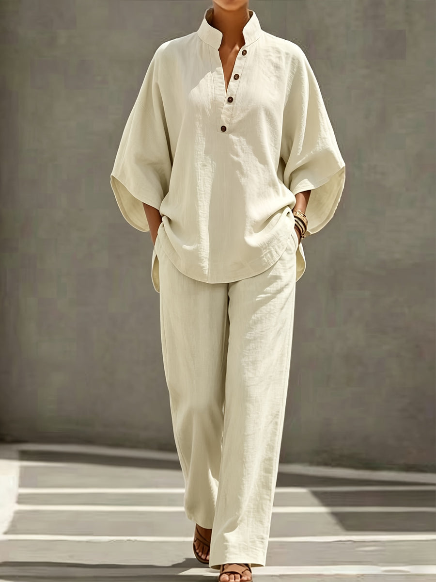 [PLMM] Spring Autumn Winter Women'S Fabric Button Short Collar Fashion Casual Two-Piece Long Pants Set - Apricot
