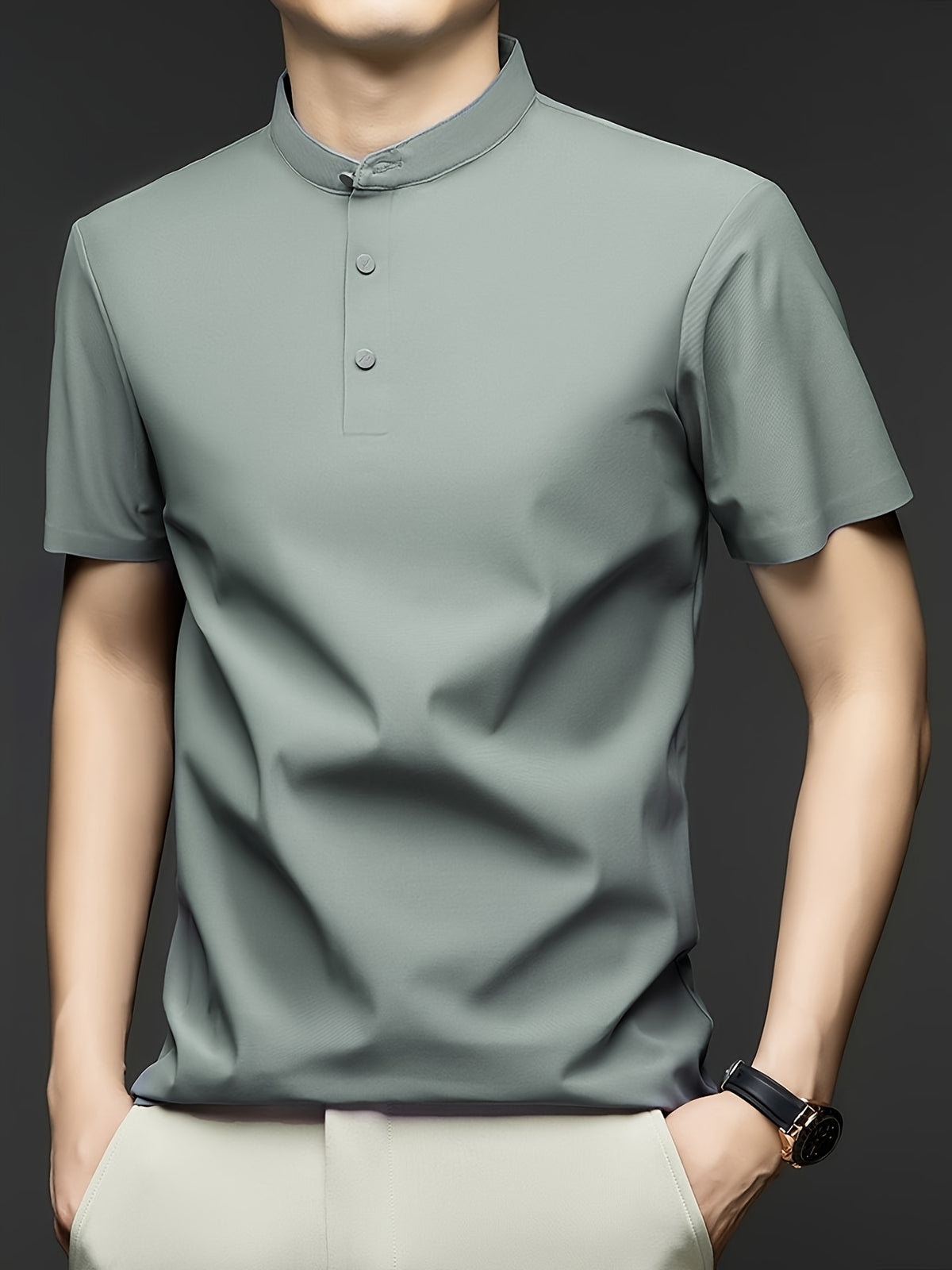 Summer Short-Sleeve T-Shirt for Men, Featuring a Solid Color, Breathable Fabric, And a Small Stand-Up Collar - Bean Green