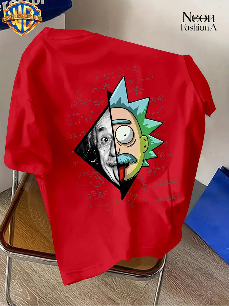Warner Licensed Unisex Short Sleeve T-Shirt Casual Commute Shopping Classic Science And Anime Creative Patchwork Artistic Print Round Neck Pullover Summer Comfortable Breathable Trendy Top - Red