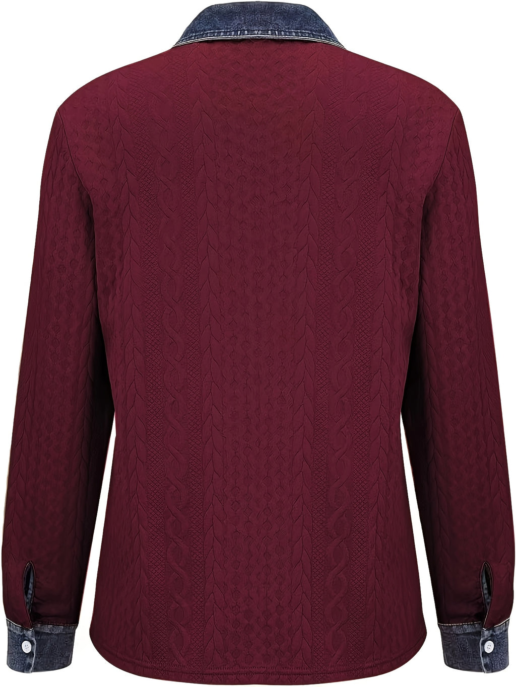 [Printed Pants - Not Faux Denim Fabric]Autumn Women'S Faux Denim Non- Patchwork Jacquard Sweatshirt Cardigan Long Sleeve Top - Burgundy