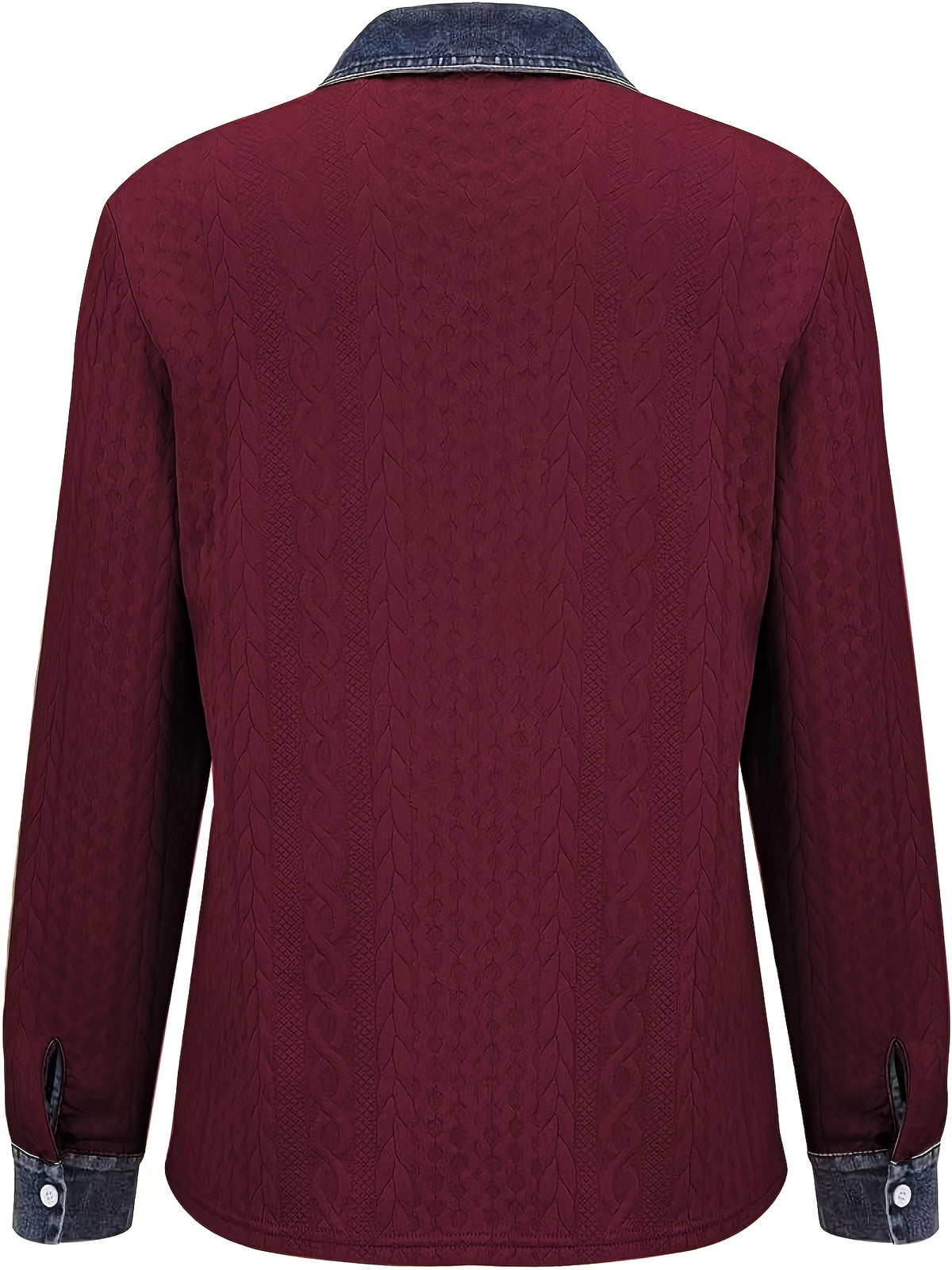 [Printed Pants - Not Faux Denim Fabric]Autumn Women'S Faux Denim Non- Patchwork Jacquard Sweatshirt Cardigan Long Sleeve Top - Burgundy