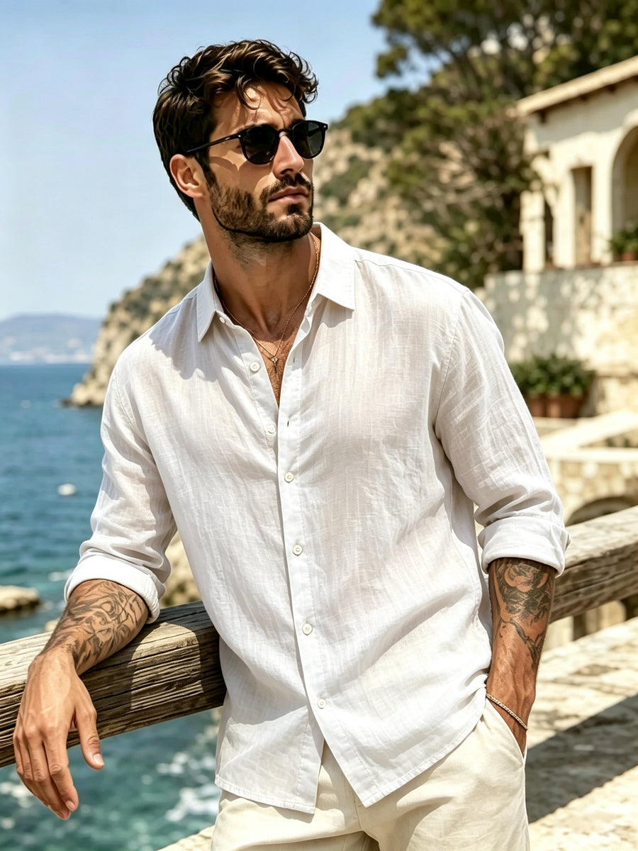 Men's Outdoor Button-Up Long Sleeve Solid Shirt for Back-to-School Season, Regular Fit Suitable for Daily Wear in Spring and Autumn - White