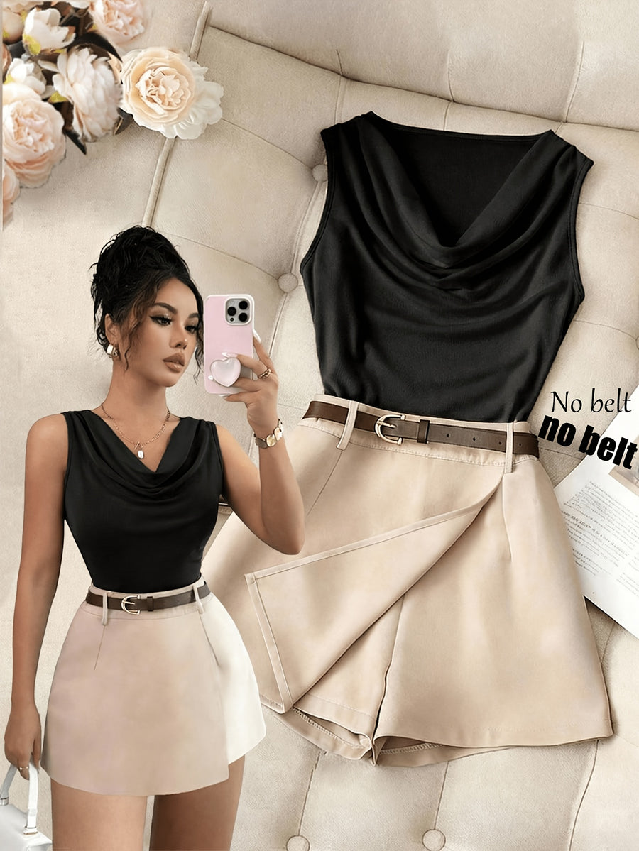 ZD260407049This New Spring/summer Women's Sleeveless Slim-fit Brown Vest Features a Ruffled Neckline and Comes with an Apricot Wide-leg Skirt. This 2pcs Outfit Is Suitable for Casual Attire, Business Occasions, Dates, and Various Other Events. - Black