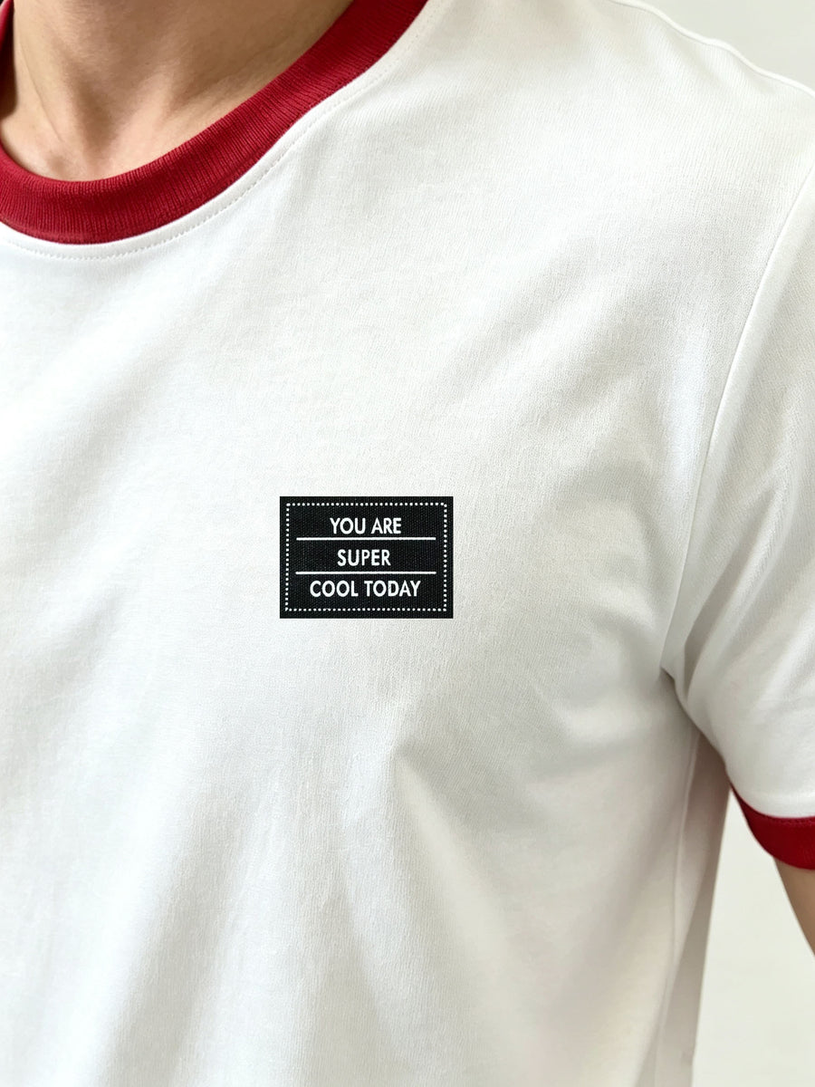 100%, Men'S Knitted Color-Block Round Neck Short-Sleeve T-Shirt, Summer Global All-Season Base Layer Factory Made Men'S Comfortable High-Fit Rate Casual Sports Contrast Patchwork Top - White Fight Red