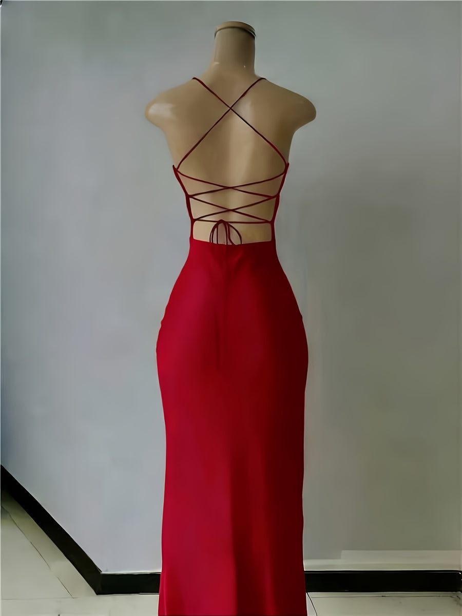 Elegant Fashionable Women'S Slim-Fit Backless Long Dress | Sexy Strappy High Slit, Solid Black Party Style Dress for Spring/Summer - Scarlet red