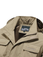 Men'S Detachable Sleeve Drawstring Hooded Multi-Pocket Utility Jacket, Reversible Wrinkle-Resistant Breathable Durable Woven Fabric, Fitted Short Length Spring Autumn City Commute Outdoor Hiking Style, Street Hiking Fishing Multi-Scene Wear - Khaki