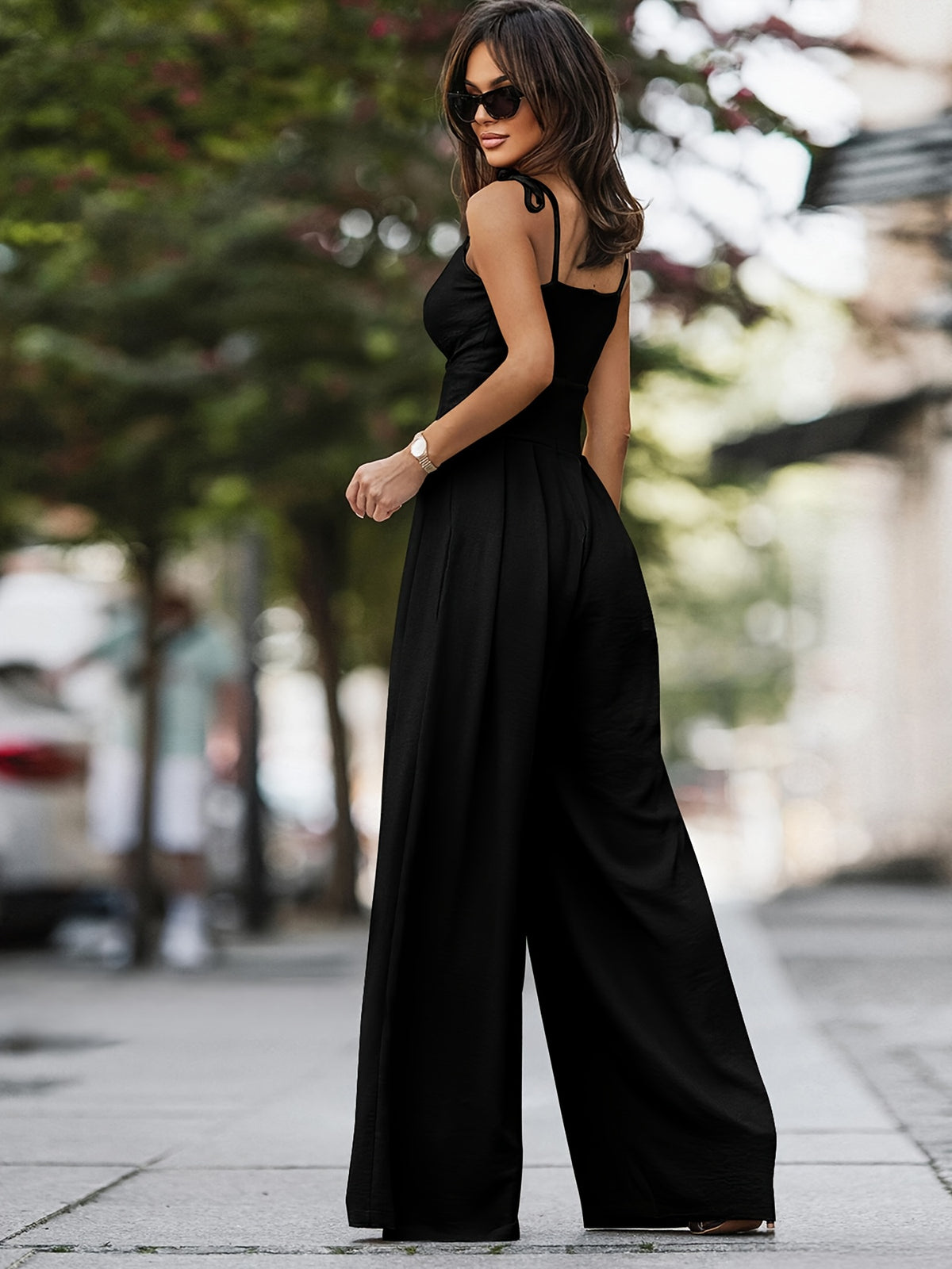 New Summer Streetwear Daily Wear Style Camisole V-Neck Pleated Jumpsuit for Women - Black