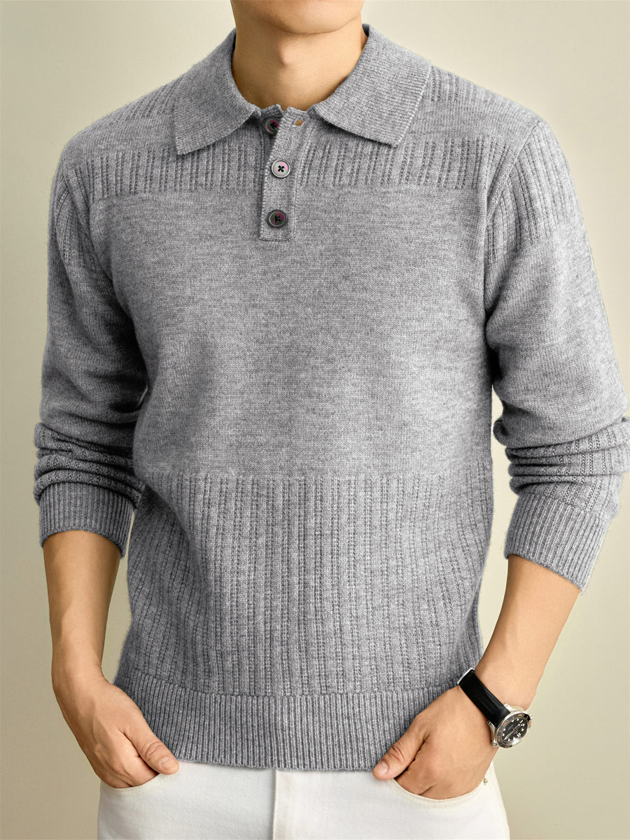 Autumn Winter Knit 3D Solid Color Lapel Polo Sweater, Basic Knit Pullover Top for Men, Fashionable Long Sleeve Sweater, Size S - Light Grey