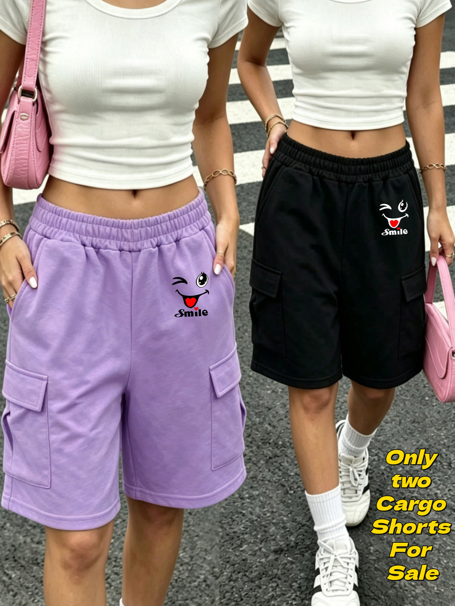 Style Printed Cargo Bermuda Shorts 2Pcss Set, Loose Wide-Leg Cut to Conceal Thigh, Elastic Drawstring High-Waist Fit Waistband Non-Tight, Soft And Breathable Fabric Suitable for Daily Outings, Campus Commute, And Home Walks - Purple+black