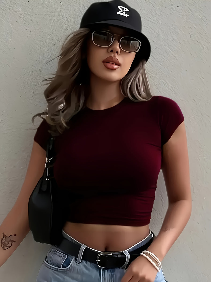 Women'S Fitted Stretch T-Shirt - Casual Basic Top, Comfortable Elastic Fit, All-Season Casual And Formal Wear - Machine Washable. Essential Daily T-Shirt, Versatile Clothing, Fashionable Design, Comfortable Wear, Office Attire, Easy Style - Brick Red