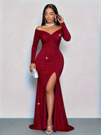 Elegant Lady Bling-Bling Banquet Gown, Fashionable V-Neck Sexy Bodycon Dress, Sequin Twist Knot Open Split Long Dress, Machine Washable/Dry Cleanable, Date Night Dress/Festival Gown/Cocktail Dress - Red