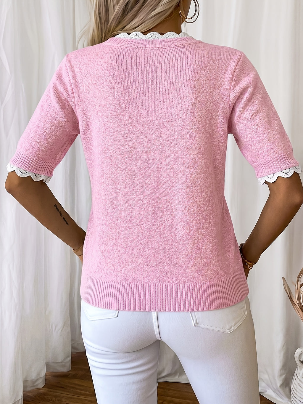 Women'S Elegant Round Neck Sweater Pullover, Casual Short Sleeve Top, Solid Color Spring Summer Pullover, Loose Fit, Comfortable Wear, Suitable for Spring Summer Autumn Fashion Versatile Women'S Clothing, Short And Deep - Pink Color